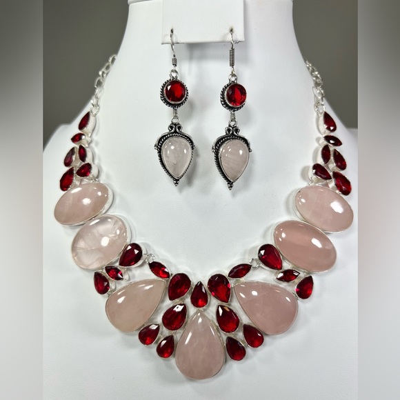 Rose Quartz Garnet 925 Large Necklace Bracelet Earrings - Picture 5 of 16